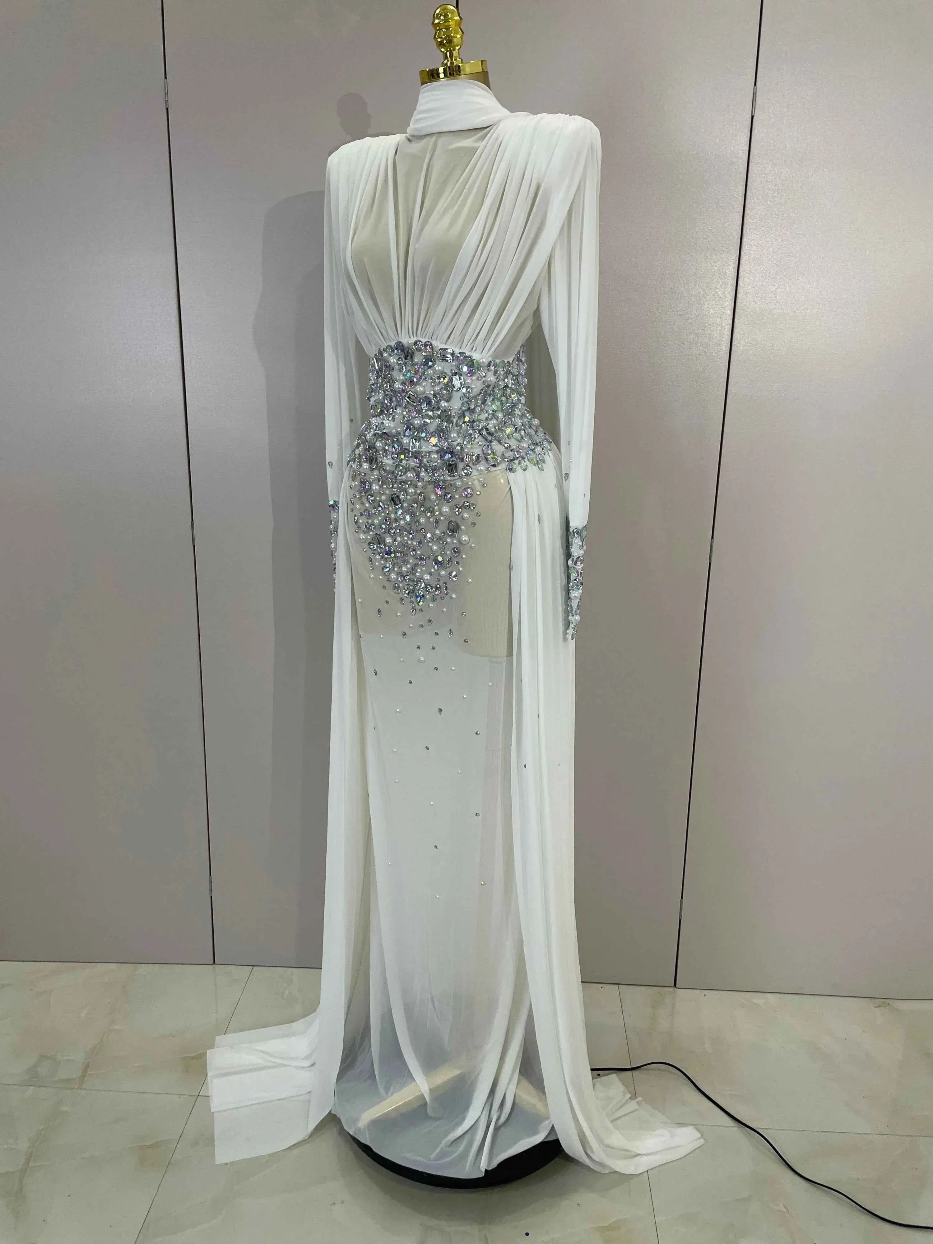 Dana White Diamond Mesh Long Sleeve Abaya Maxi Dress