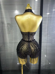 Denise Sexy Mesh See-Through Sequin Tassel Bodycon Bodysuit
