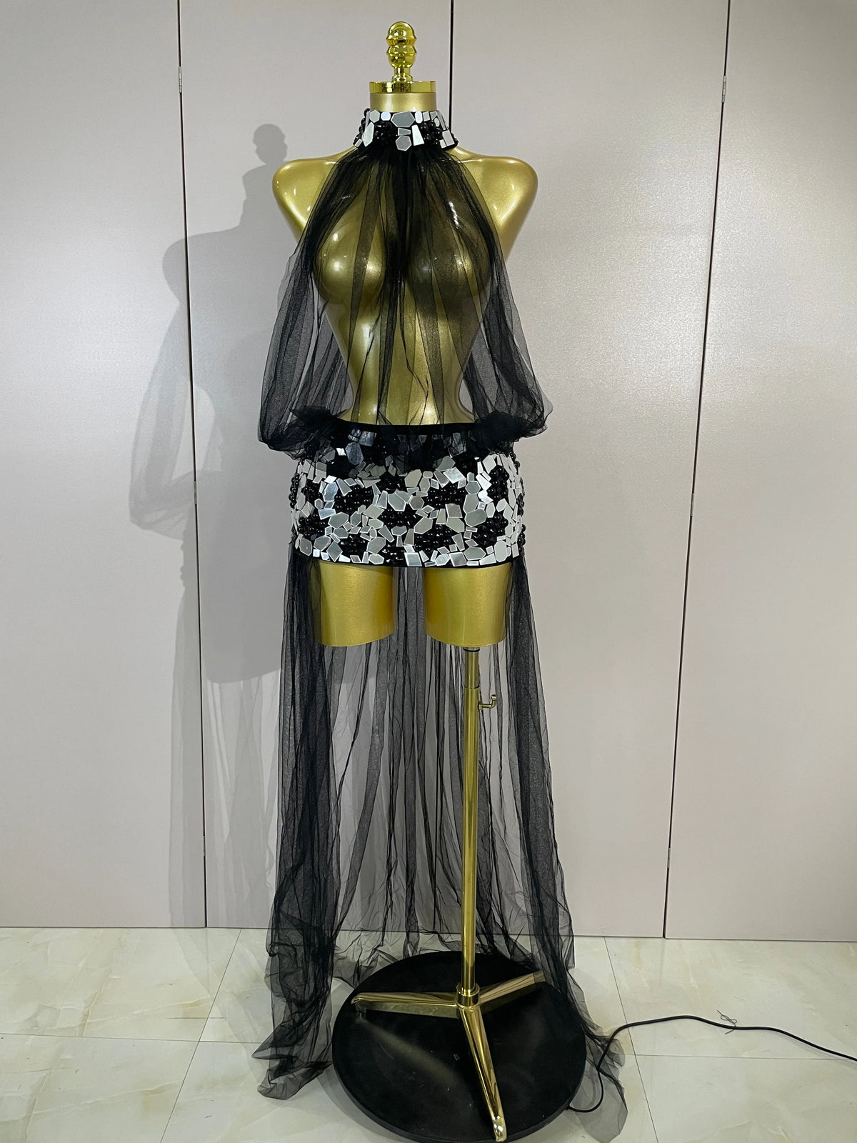 Almira Sparkly Rhinestone Pearl Mirror Mesh Long Tail Dress for Women