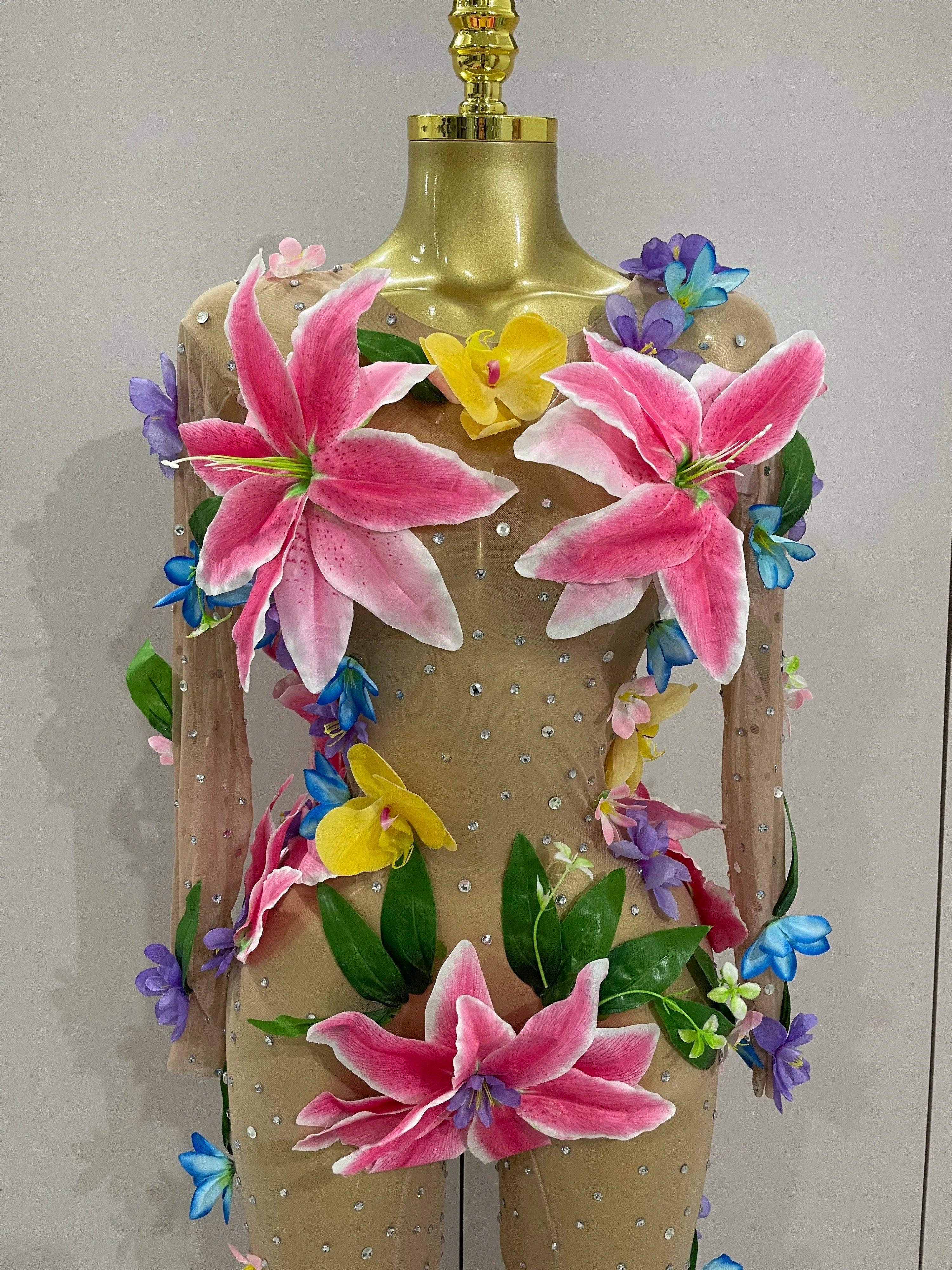 Danielle Sparkly Rhinestones 3D Flower Nude Mesh Jumpsuit