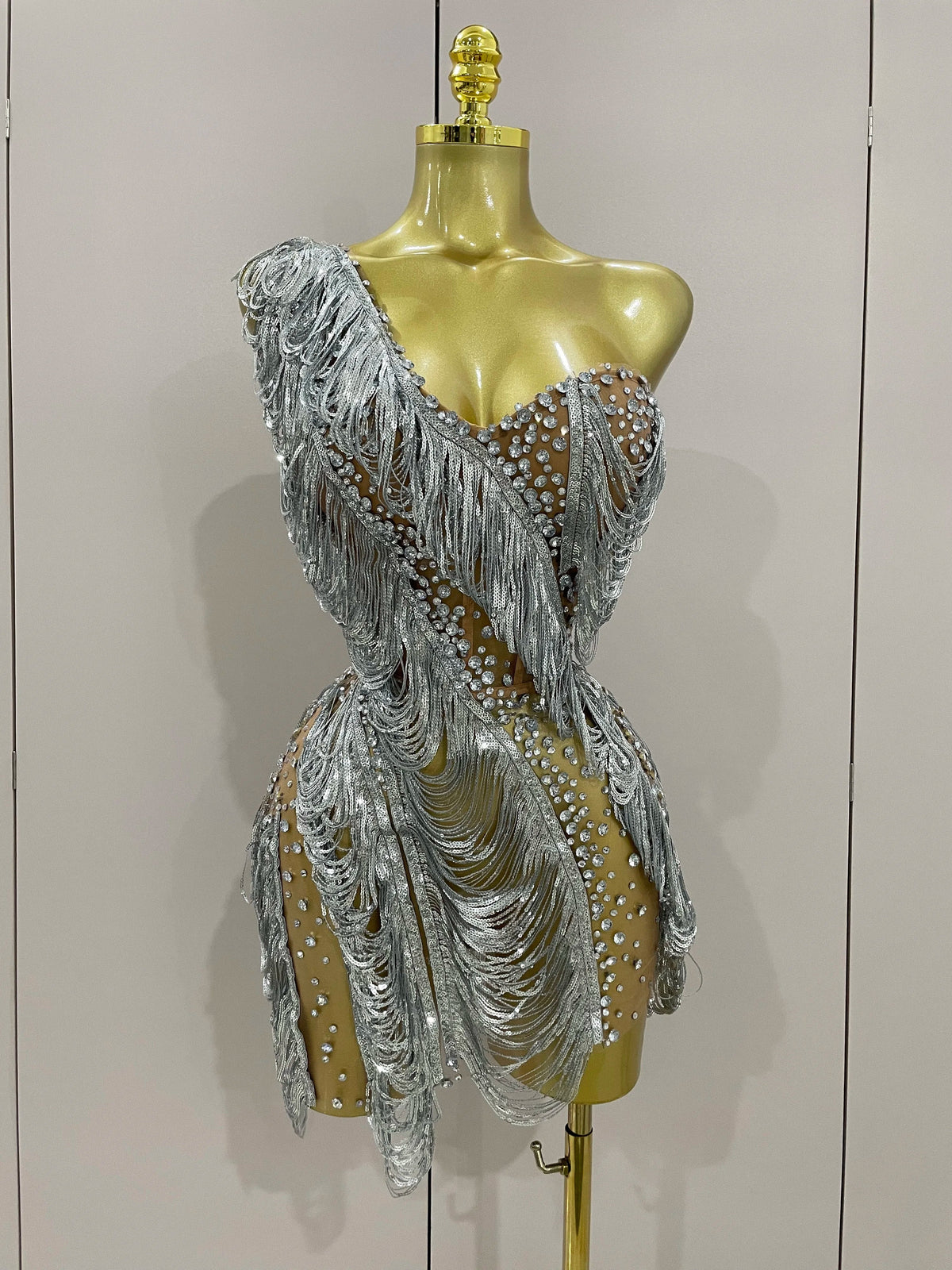 Carrie Sparkly Rhinestone Sequins Tassel Mesh One Shoulder Short Dress