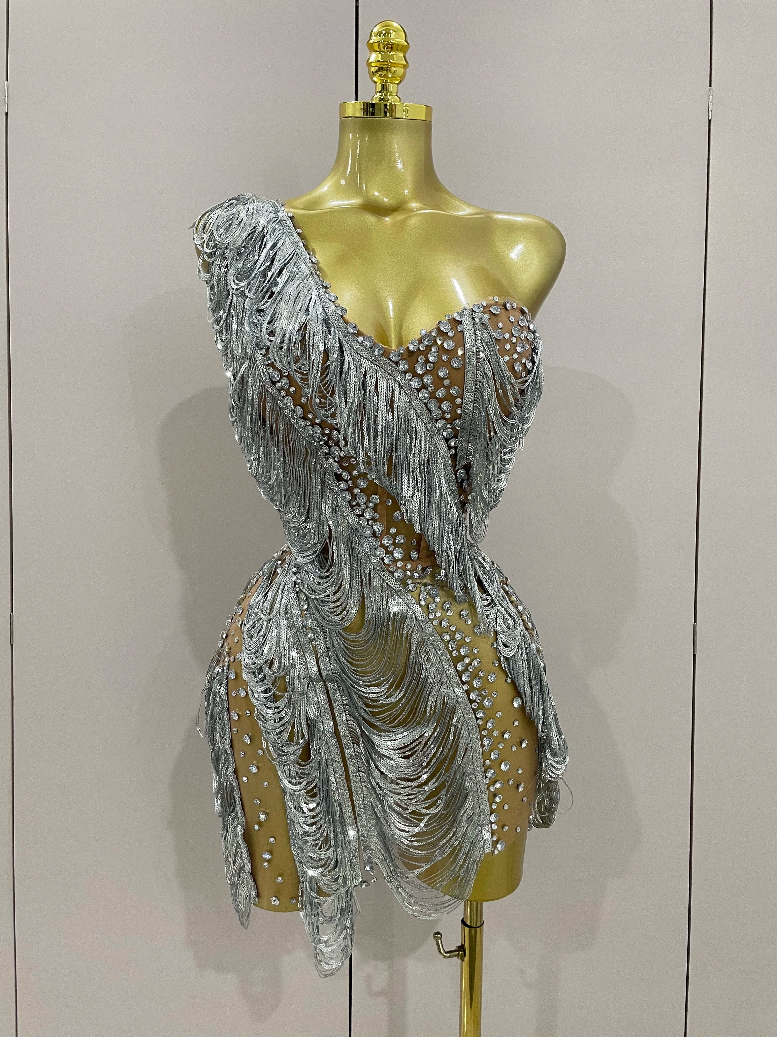Carrie Sparkly Rhinestone Sequins Tassel Mesh One Shoulder Short Dress