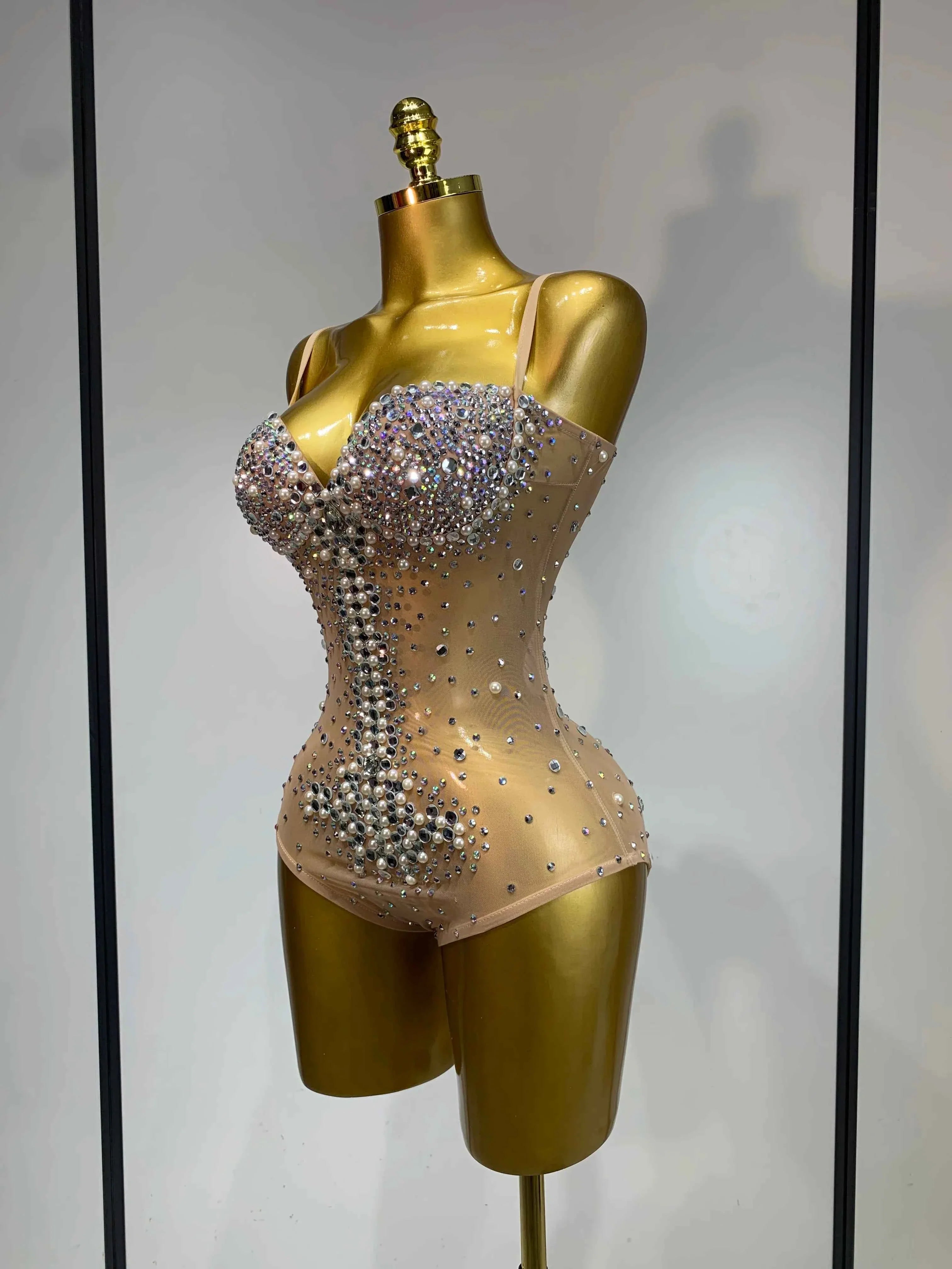 Candice Rhinestone Pearl Mesh Bodycon Bodysuit