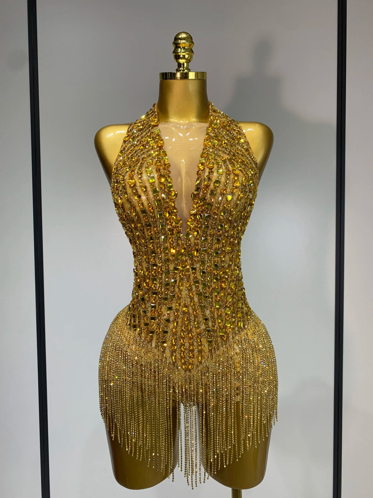 Angie See Through Stretch Gold Rhinestone Dress