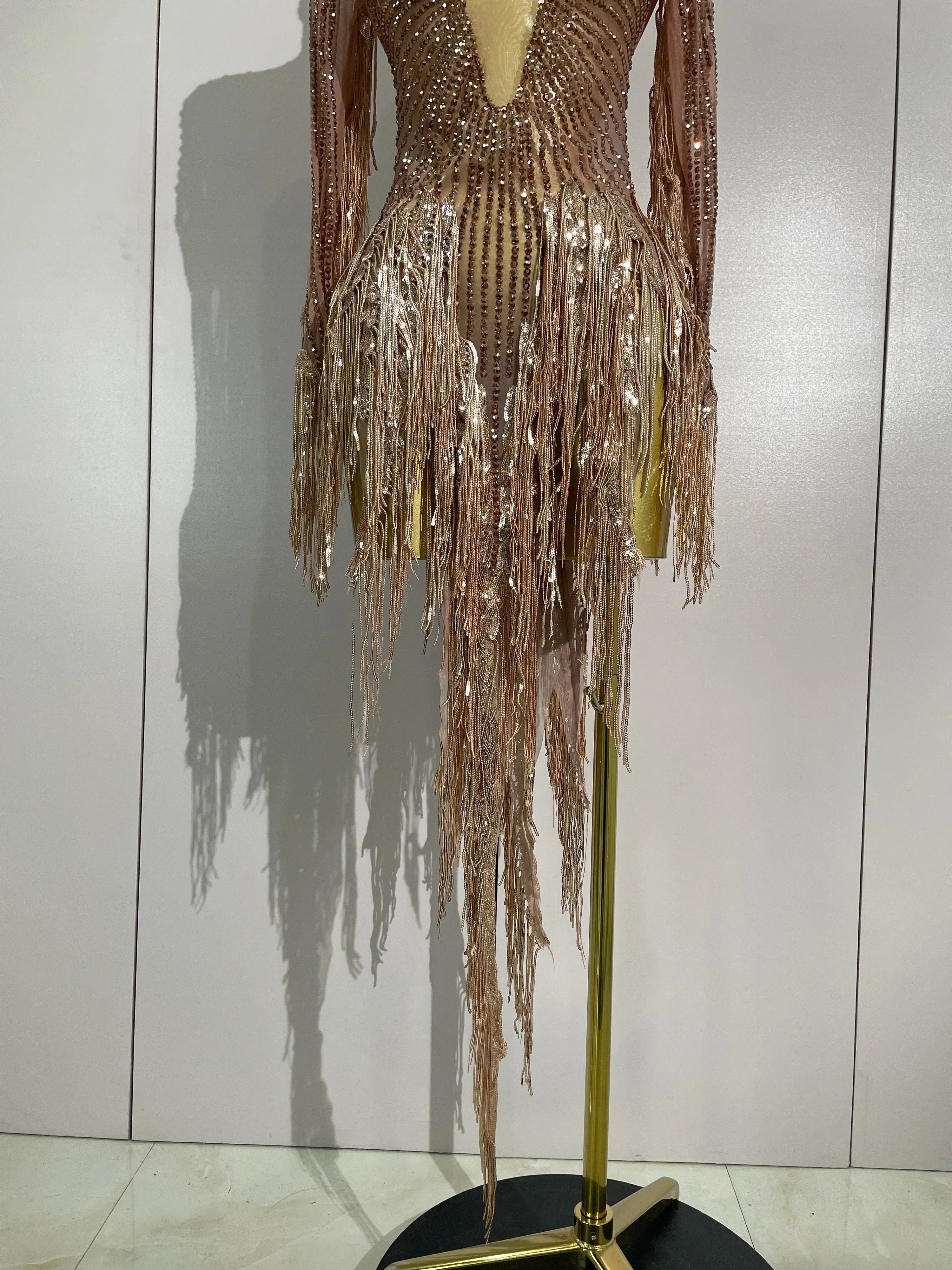 Aimee Sexy Sheer Mesh Long Sleeve Sparkly Rhinestone Sequin Tassel Dress