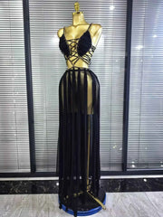 Chantelle Golden Sequin Mesh See-Through Maxi Dress