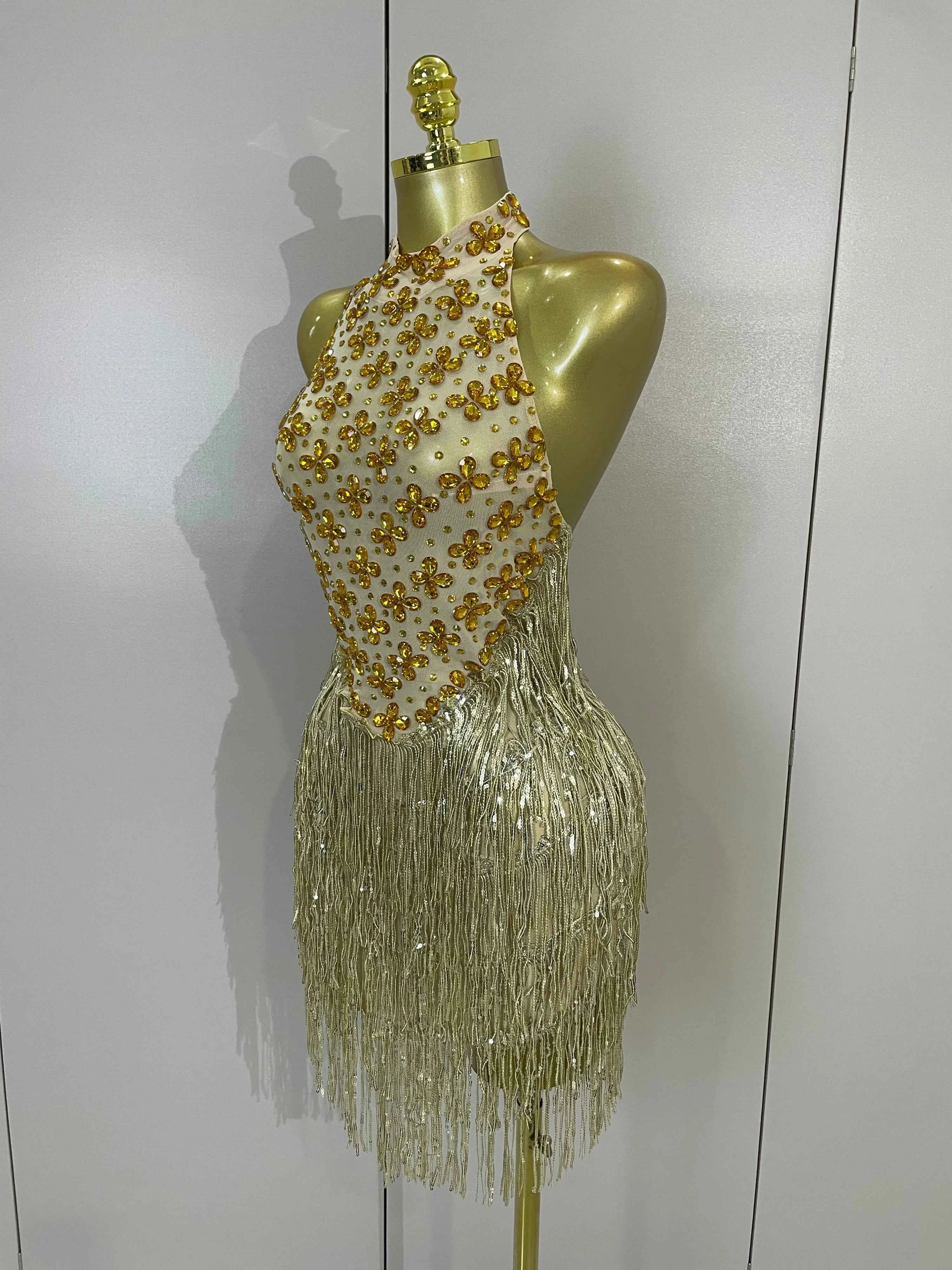 Aaliyah Gold Diamond Mesh Tassel Bodycon Mini Dress