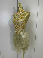 Aaliyah Gold Diamond Mesh Tassel Bodycon Mini Dress