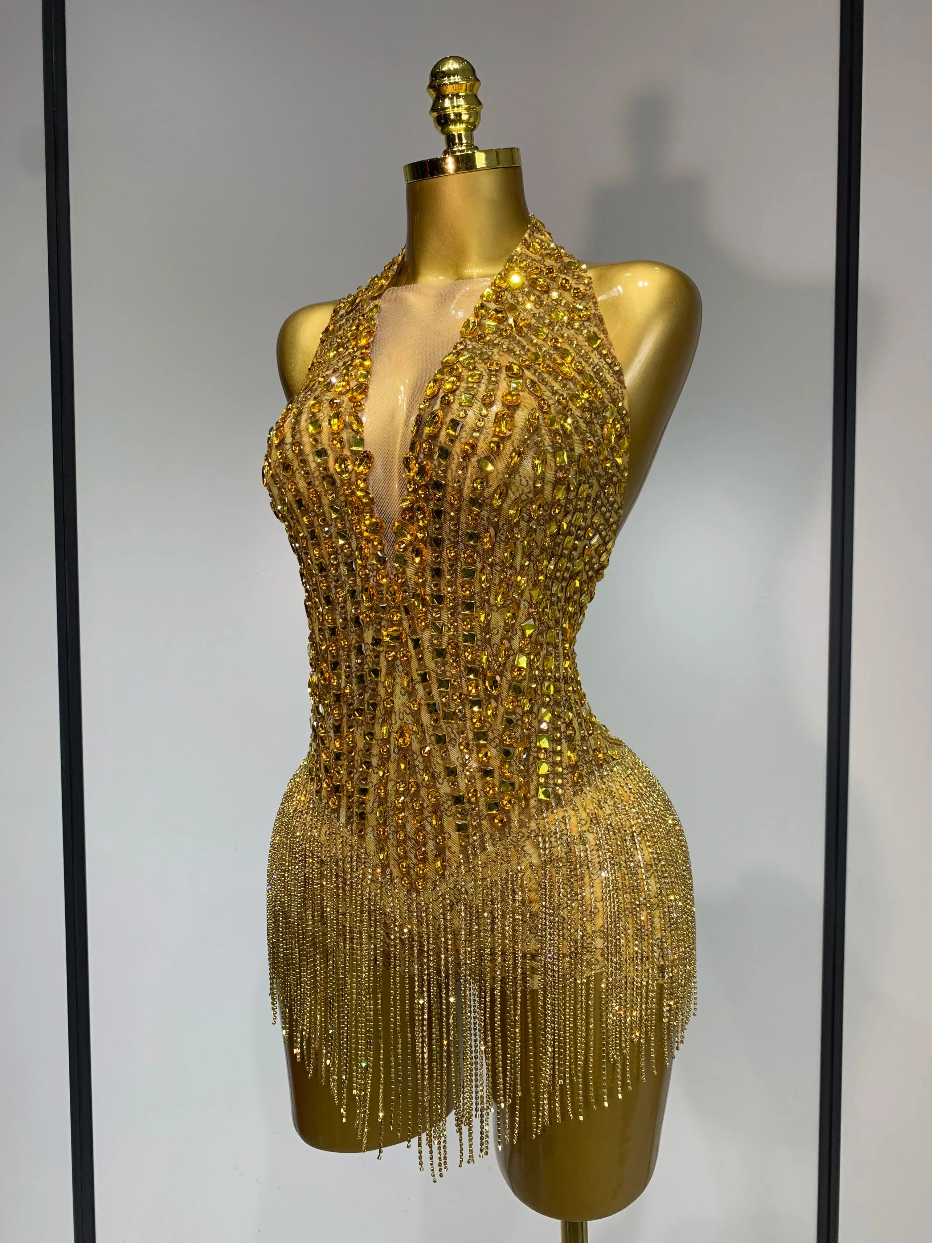 Angie See Through Stretch Gold Rhinestone Dress