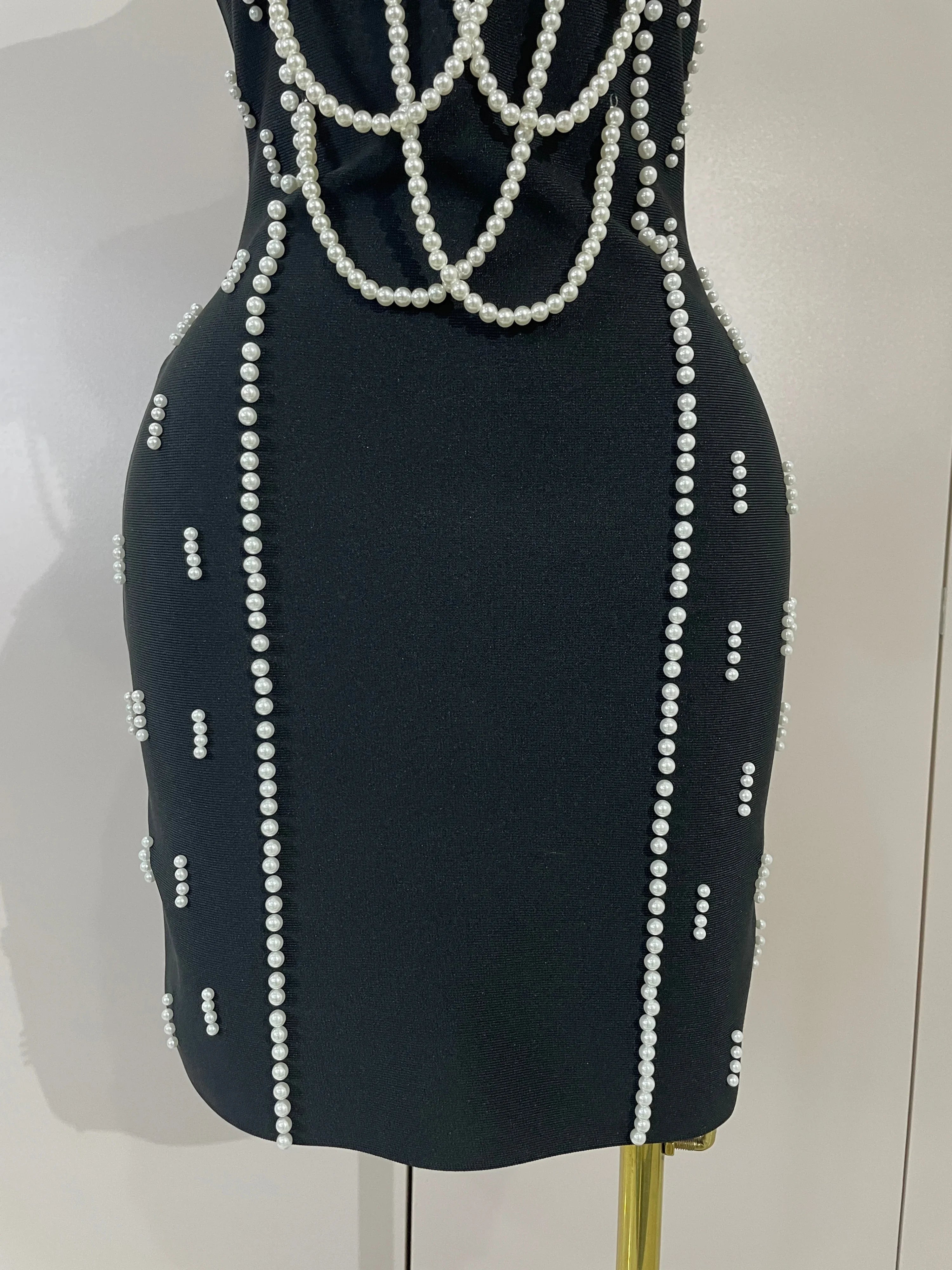 Carlie Pearl Beaded Strap Black Bodycon Bandage Dress