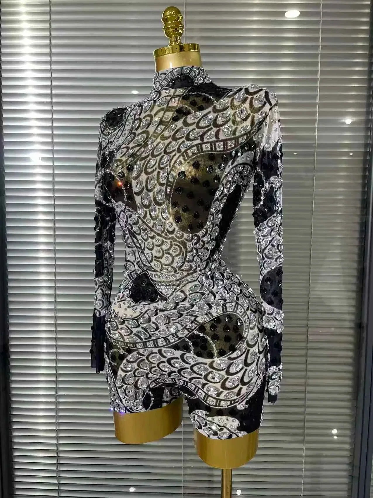 Baela Long Sleeve Sparkly Crystal Mesh Bodycon Playsuit