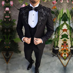 Black Beaded Gemstone Appliqué Men's Tuxedo