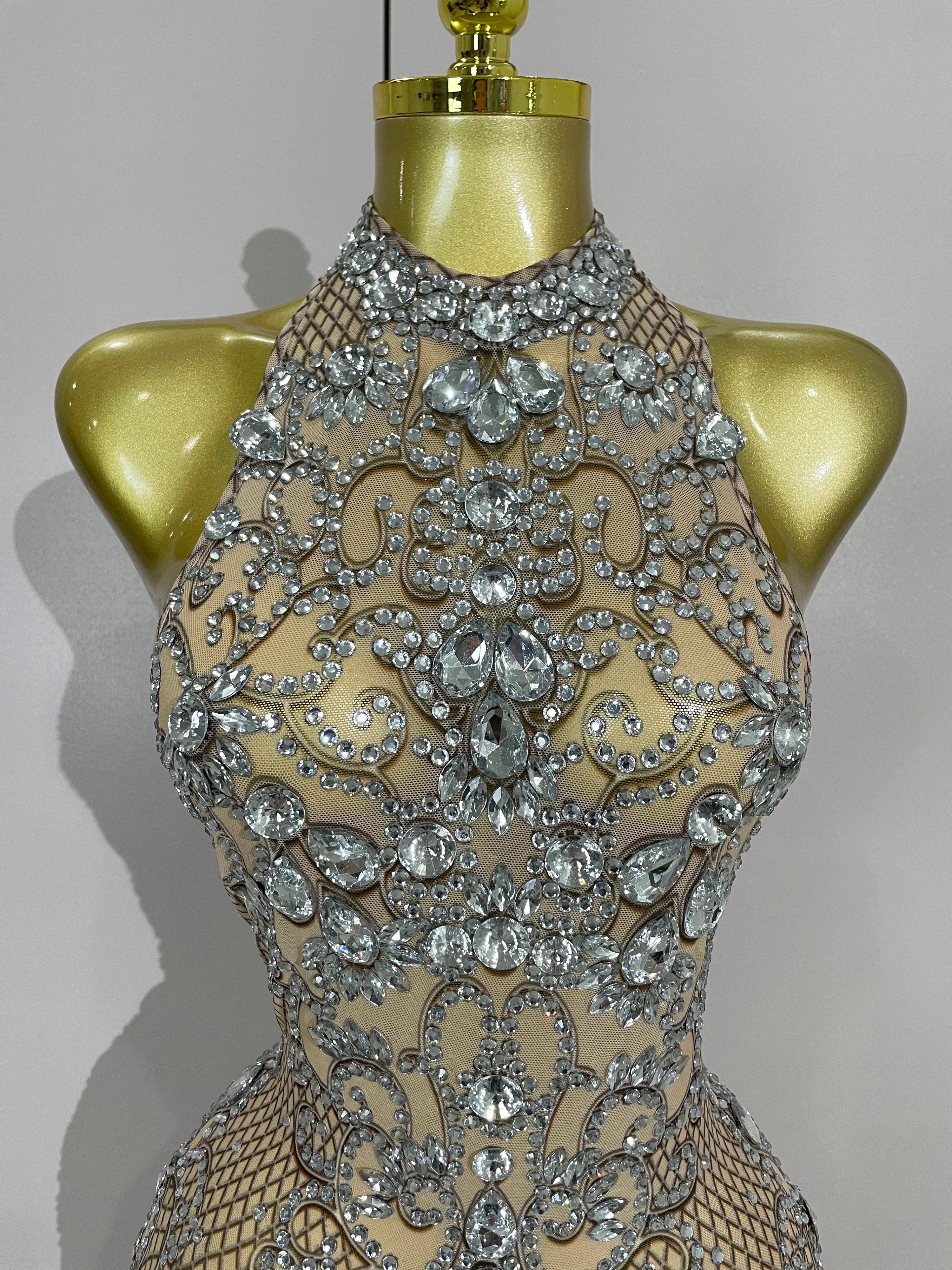 Amelise Sparkly Crystal Diamonds See Through Mesh Dress