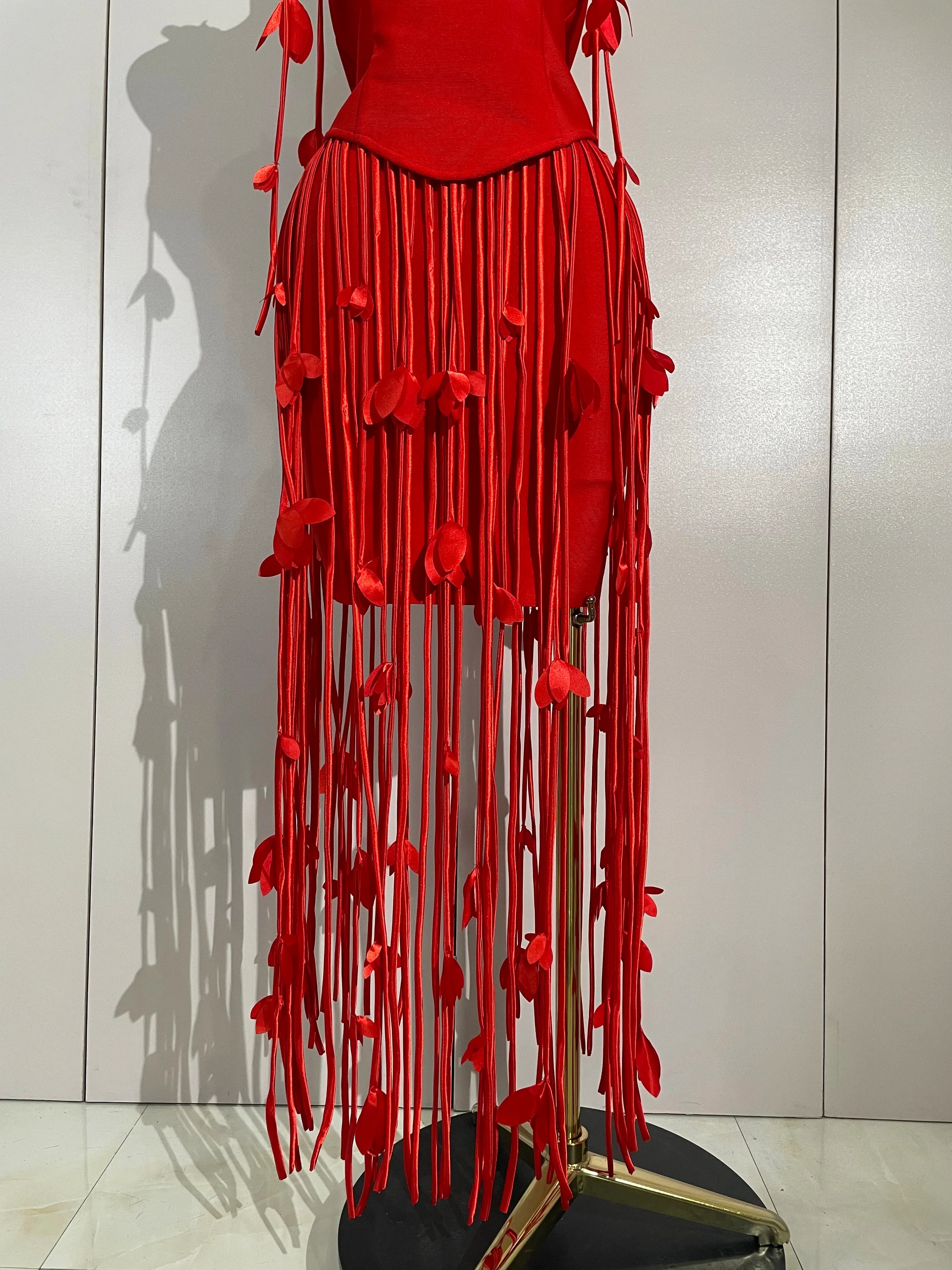 Carmie Elegant Red Strapless Sexy Long Tassel Bandage Dress