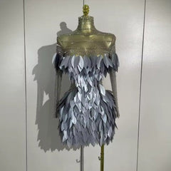 Cleo Luxury Sparkly Diamond 3D Acrylic Leaf Mesh Transparent Mini Dress