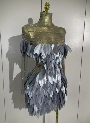 Cleo Luxury Sparkly Diamond 3D Acrylic Leaf Mesh Transparent Mini Dress