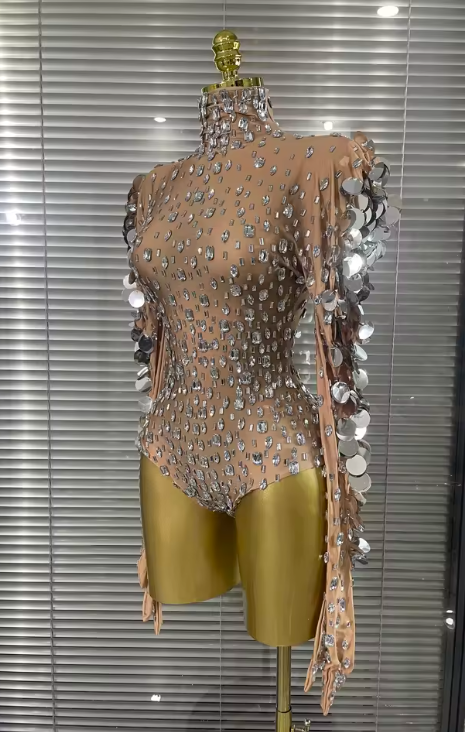 Brenda Sparkly Rhinestone Long Sleeve Stretch Bodycon Bodysuit