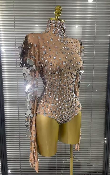 Brenda Sparkly Rhinestone Long Sleeve Stretch Bodycon Bodysuit