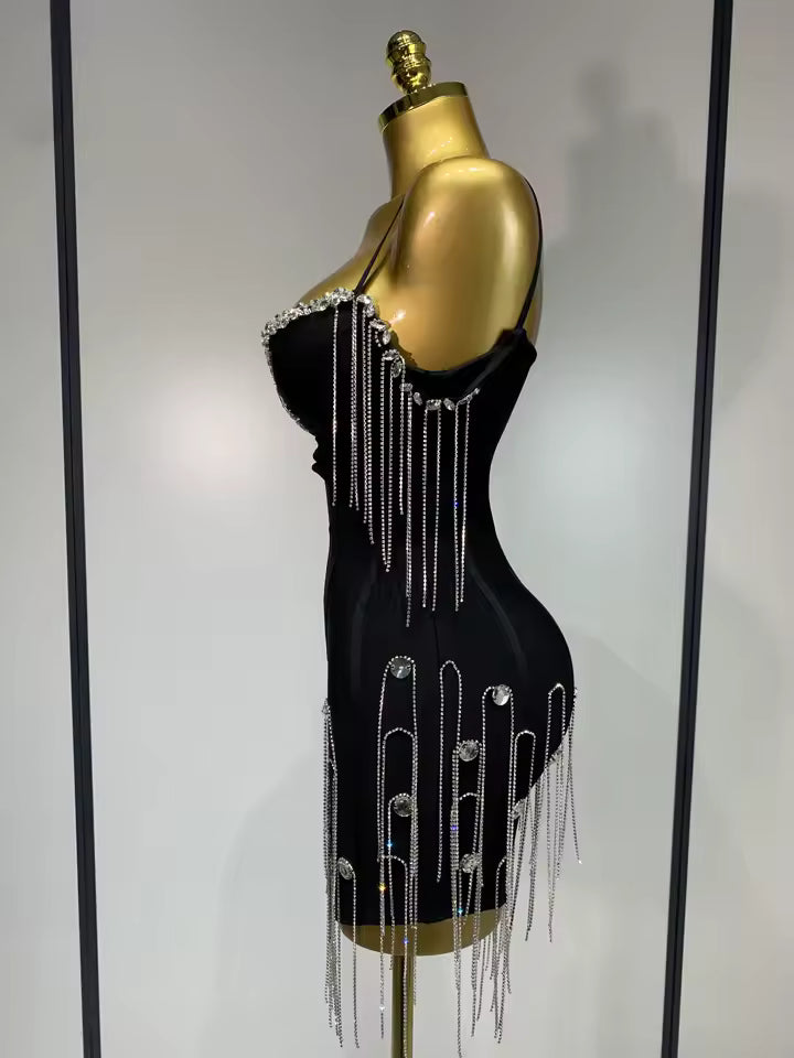 Camille Spaghetti Strap Bodycon Black Bandage Dress