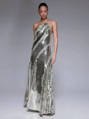 Arya Starry Silver Sequin Backless Dress with Ruffle Mesh Details