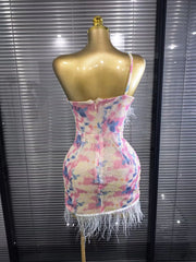 Arabella Sequin One-Shoulder Feather Bodycon Mini Dress