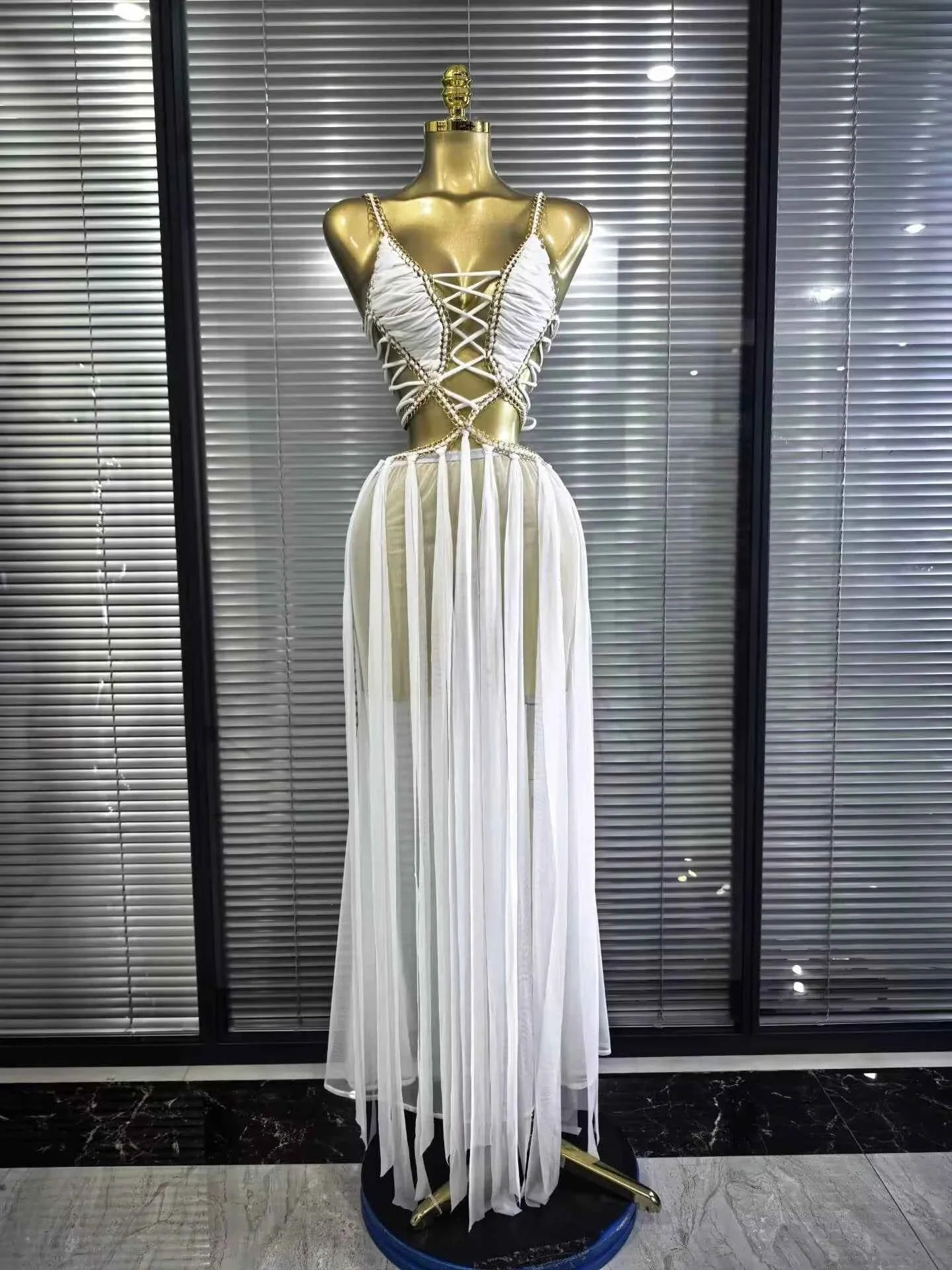 Chantelle Golden Sequin Mesh See-Through Maxi Dress