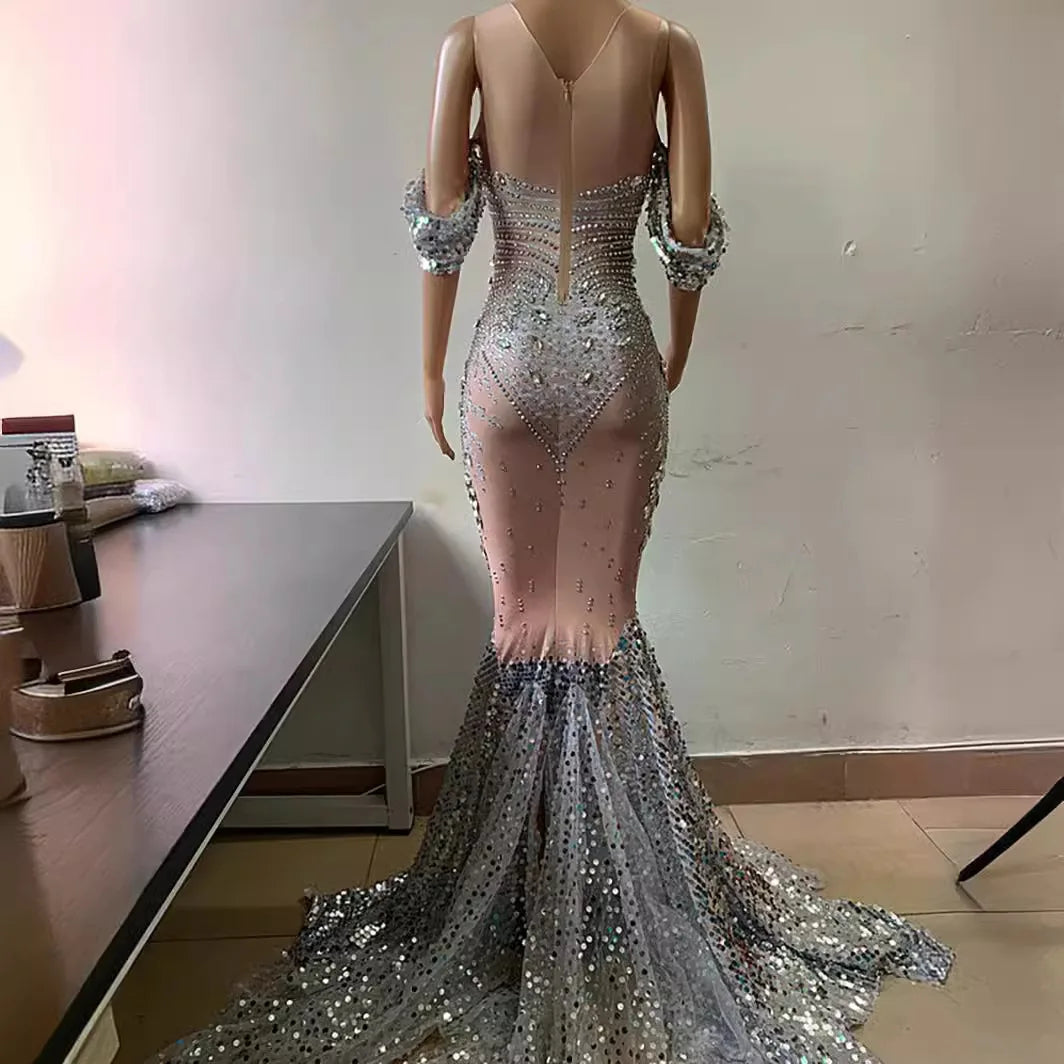 Bright Crystal Sequins Elegant Fishnet Prom Dress