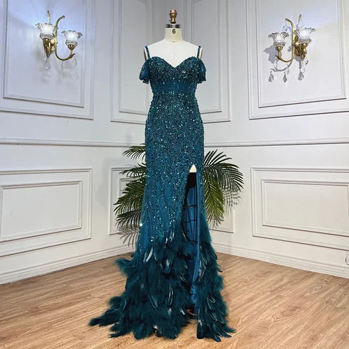 Black Luxury Beaded Feathers Mermaid Evening Dress Off Shoulder Sexy Slit