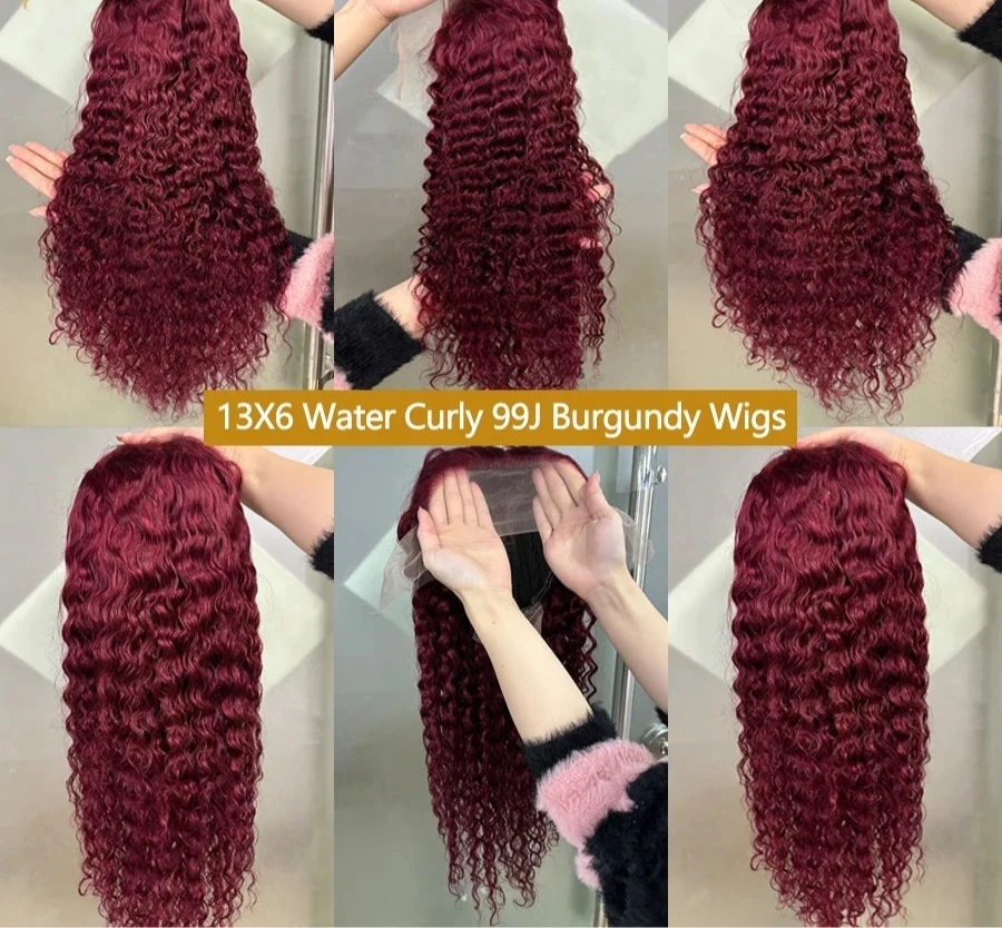 Burgundy Water Wave Human Hair Wig – 28/30/38 Inch 13x6 HD Lace Front 200% Density