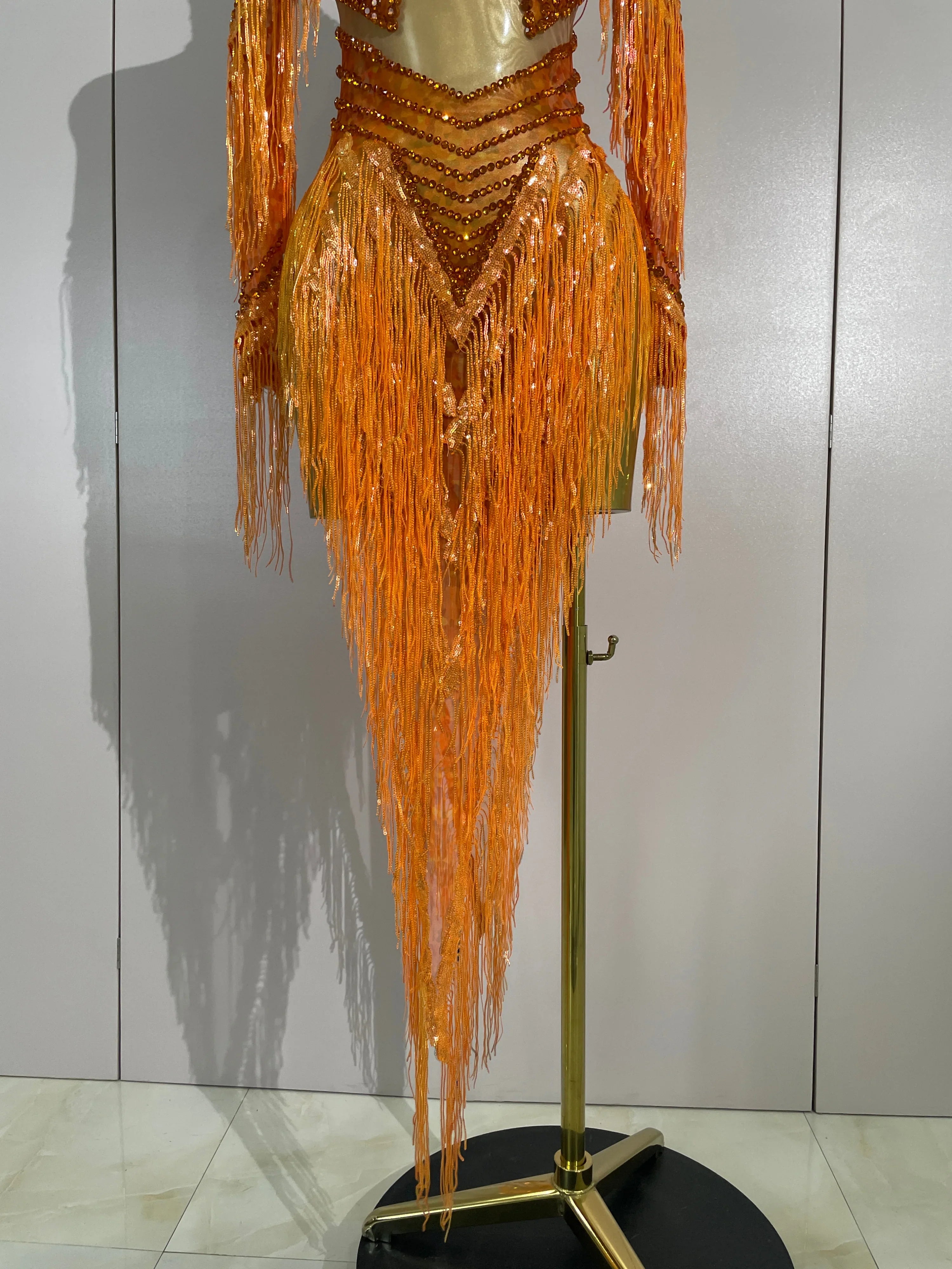 Almira Orange Diamond Tassel Mesh Dance Dress