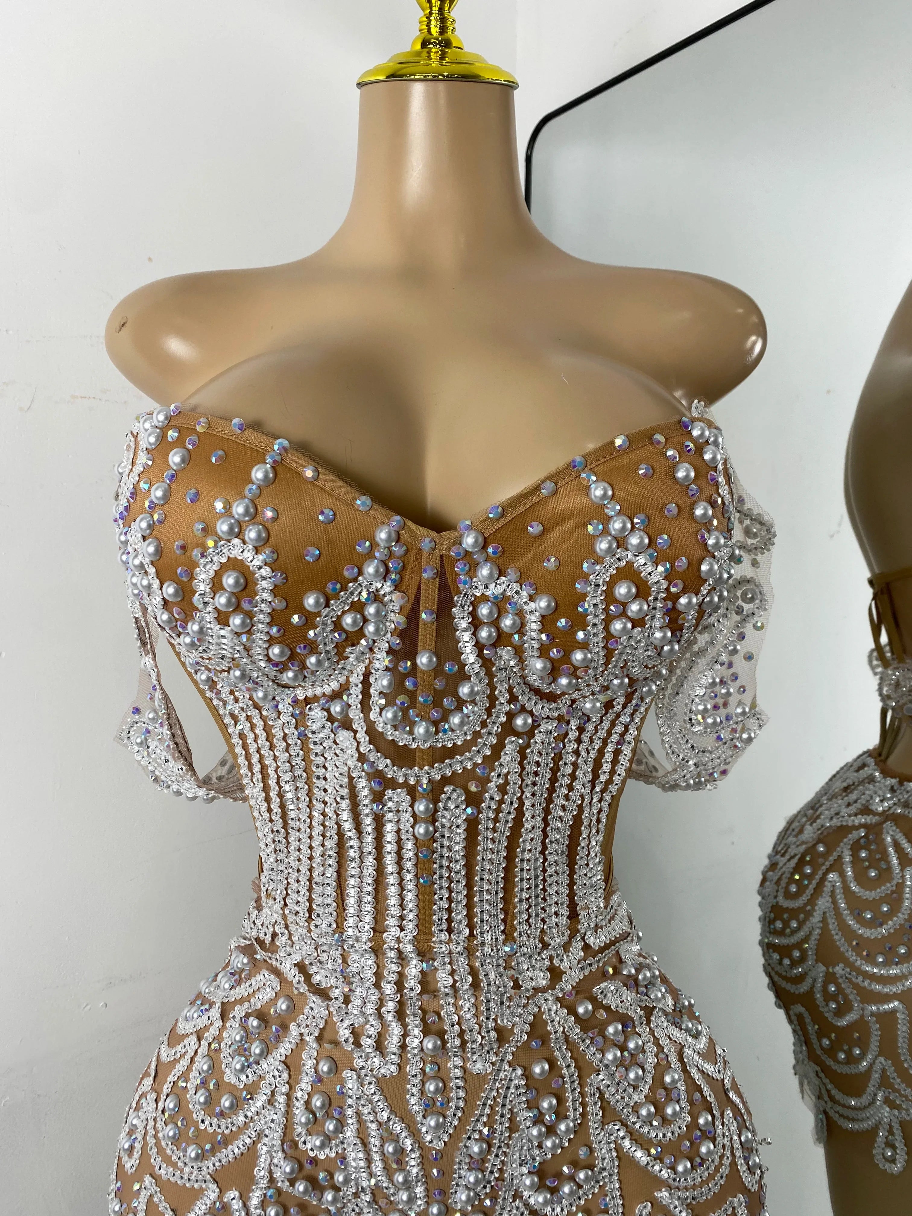Claren Luxury Pearl & Sparkly Rhinestone Off-Shoulder Mesh Bodycon Mini Dress for Women