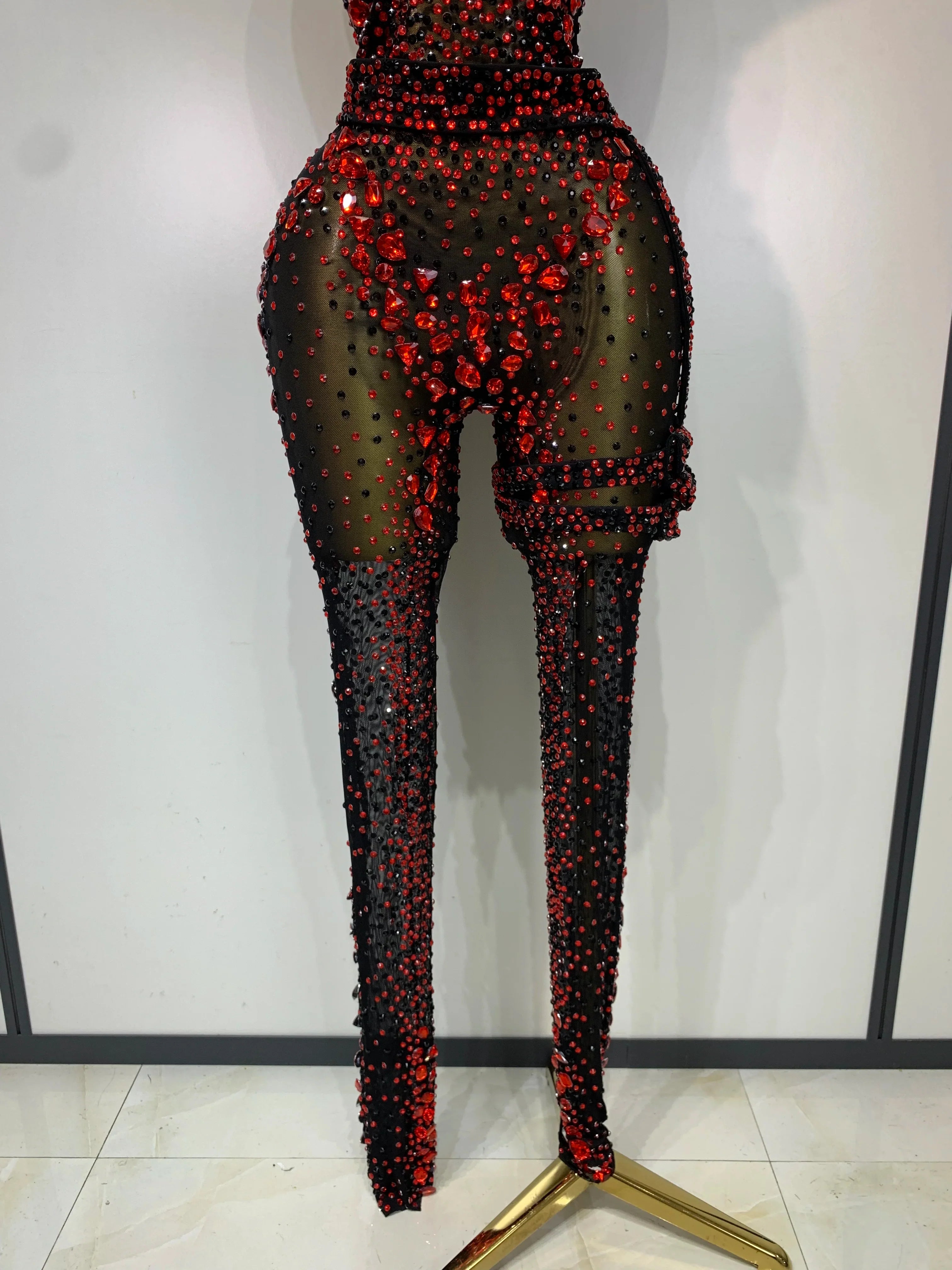Amanda Backless Red Rhinestone Black Mesh Bodycon Jumpsuit