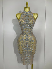 Amelise Sparkly Crystal Diamonds See Through Mesh Dress
