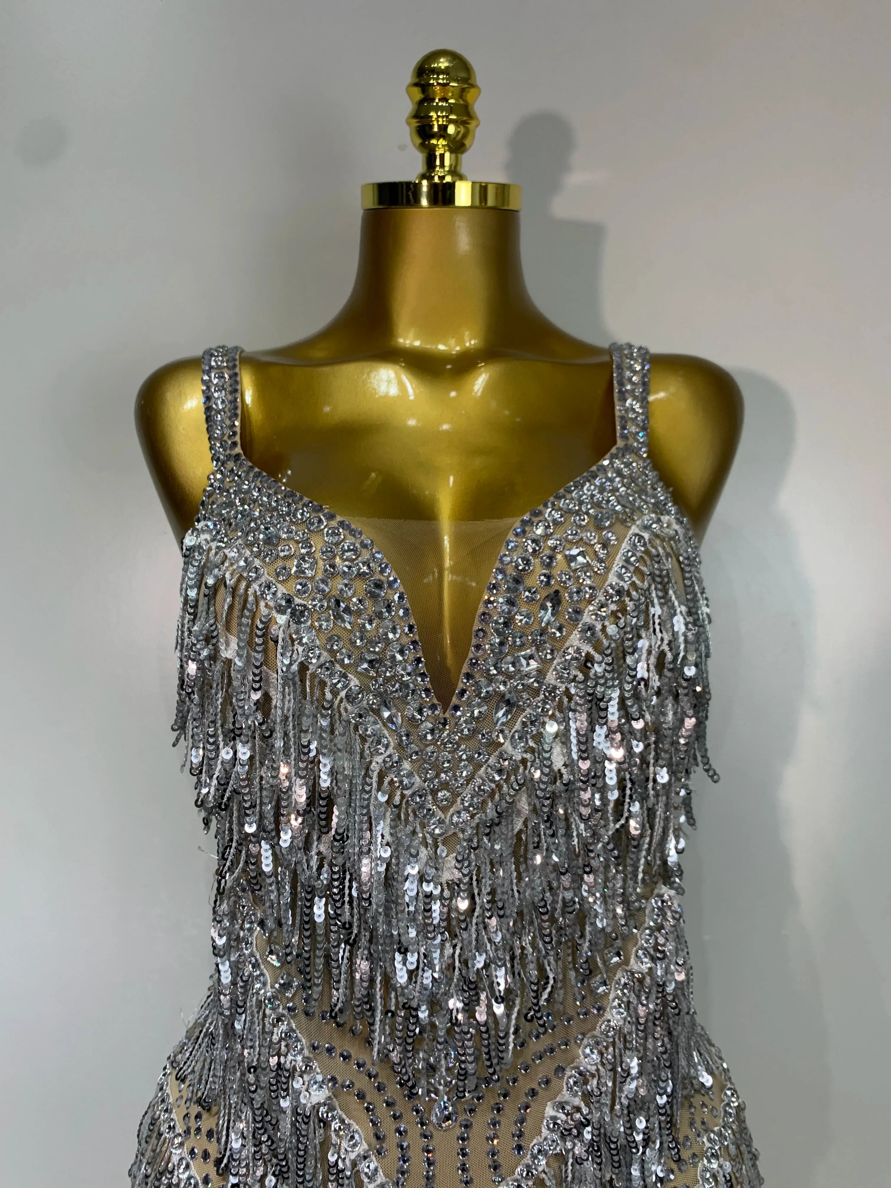 Anne Sparkly Rhinestones Sequins Tassel Sexy See-Through Bodysuit