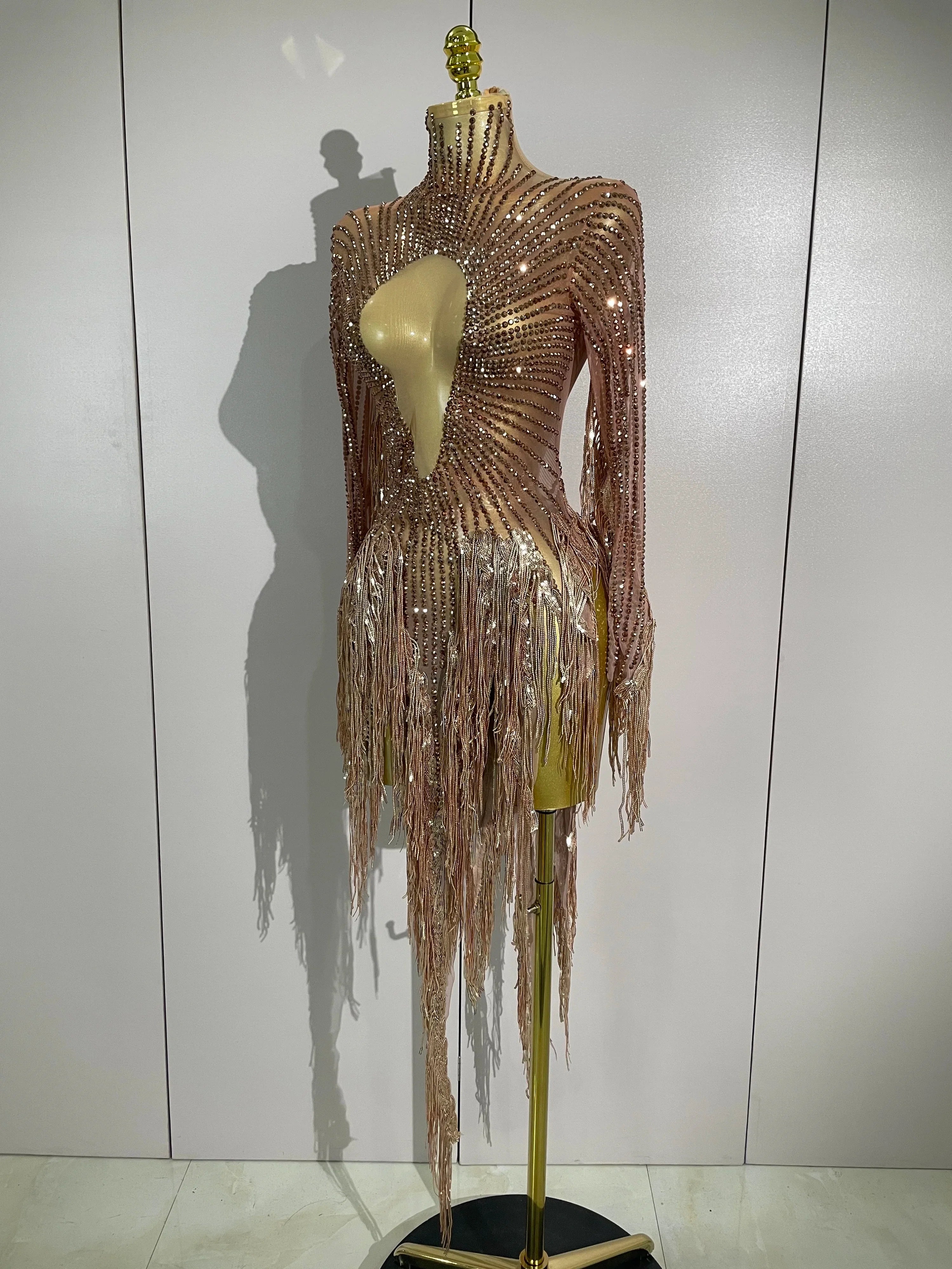Aimee Sexy Sheer Mesh Long Sleeve Sparkly Rhinestone Sequin Tassel Dress