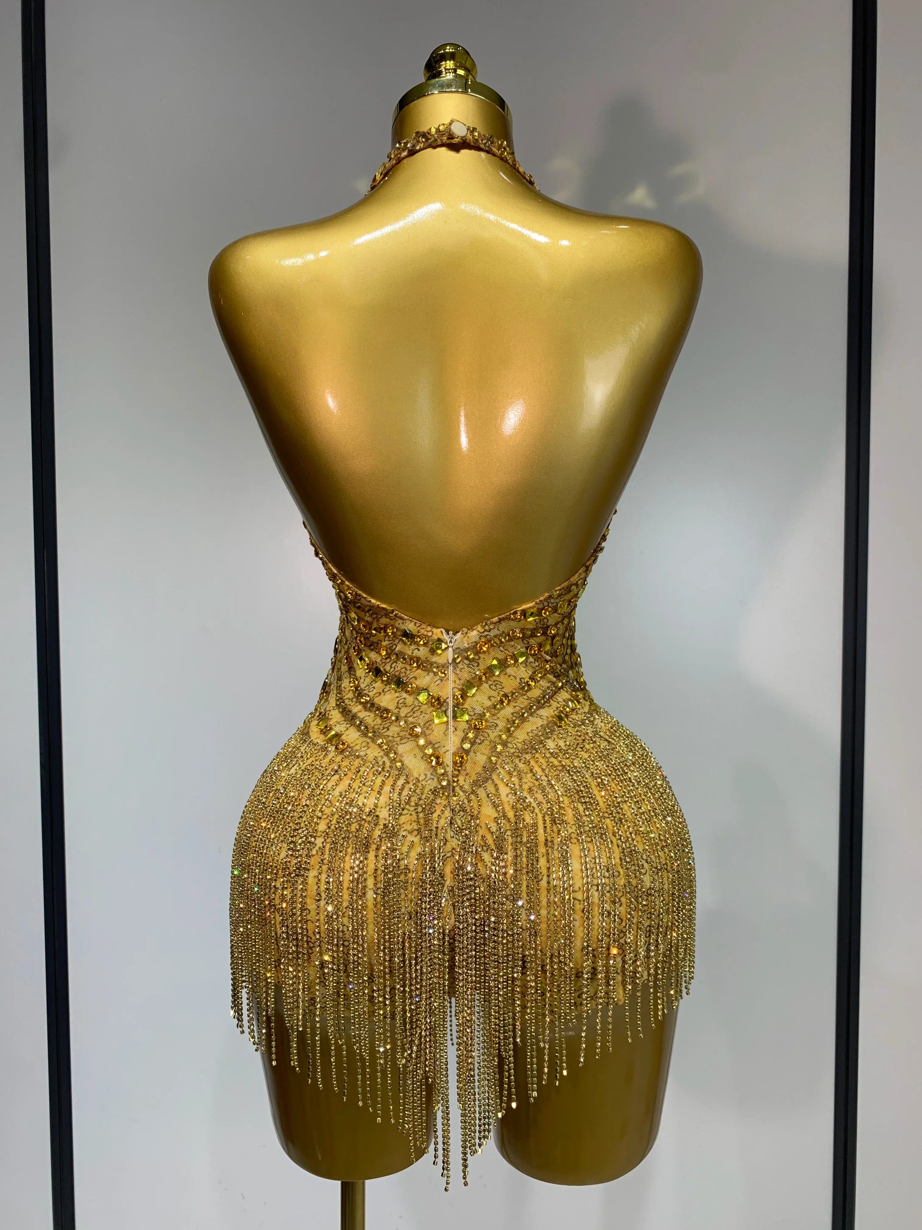 Angie See Through Stretch Gold Rhinestone Dress