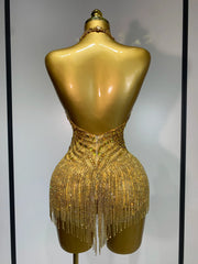 Angie See Through Stretch Gold Rhinestone Dress