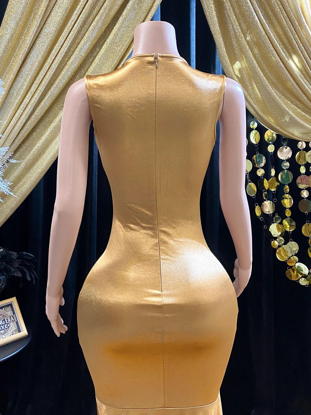 Charming Gold Satin with Green Beaded Appliques Prom Dress