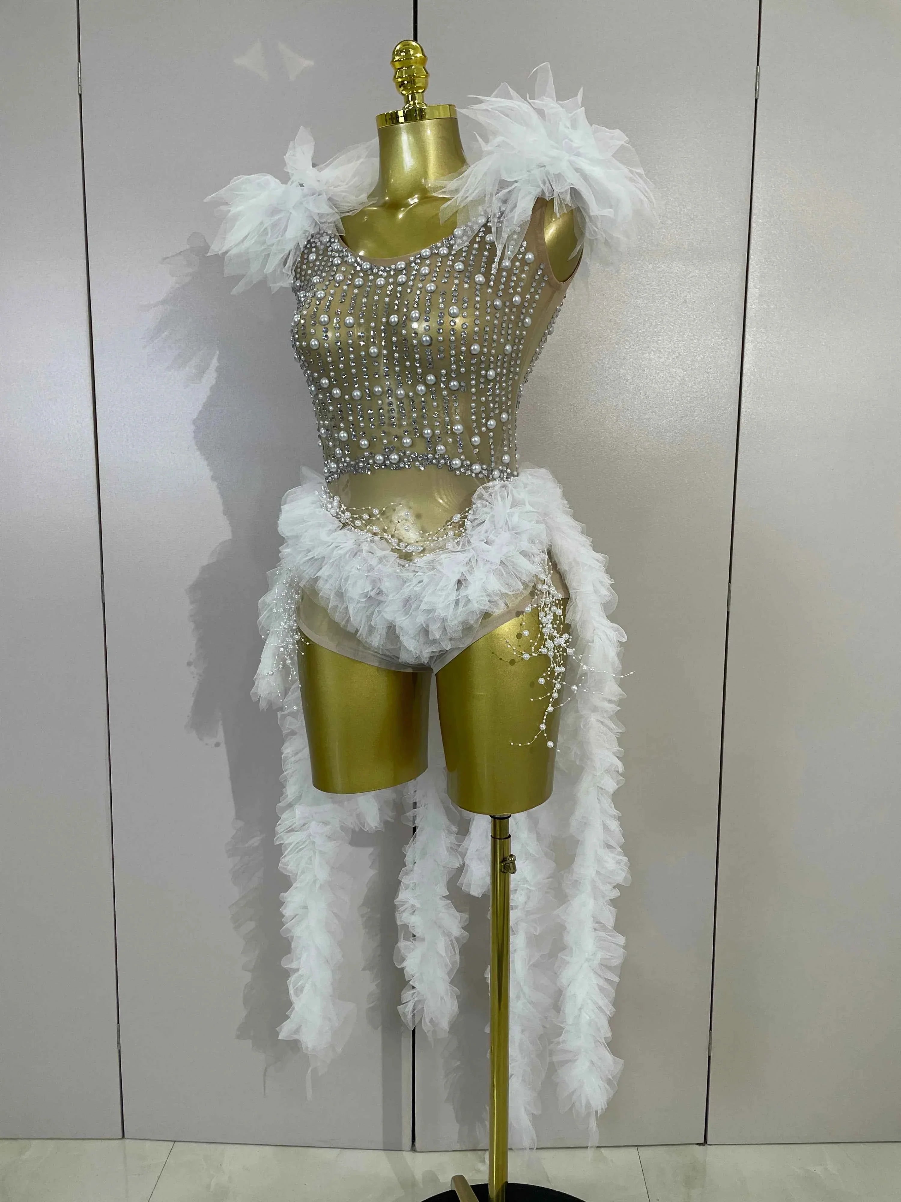 Chelle Sparkly Rhinestone Pearl Fringe Tassel Bodycon Bodysuit
