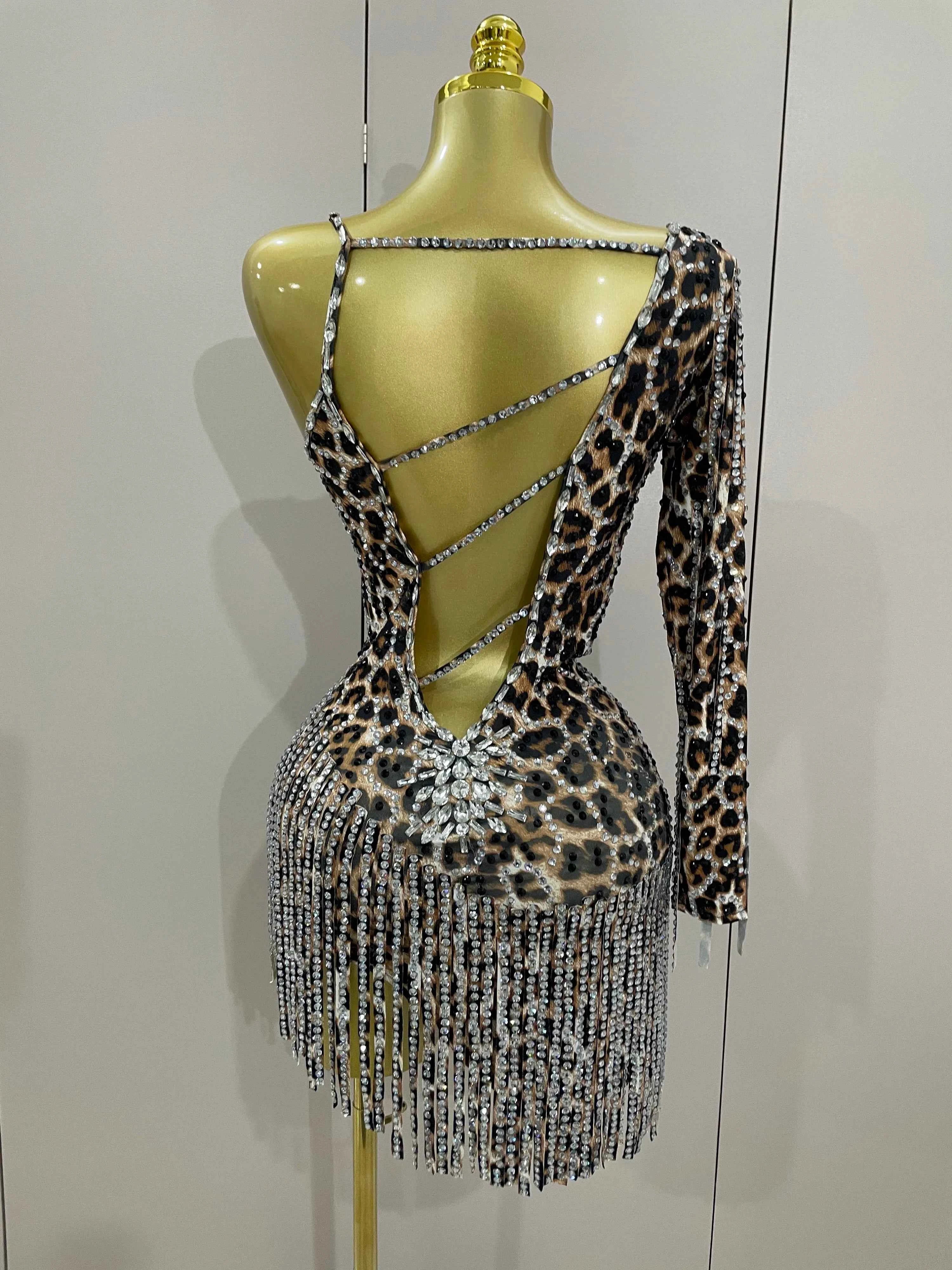 Daniela One-Shoulder Leopard Print Rhinestone Tassel Mini Dress