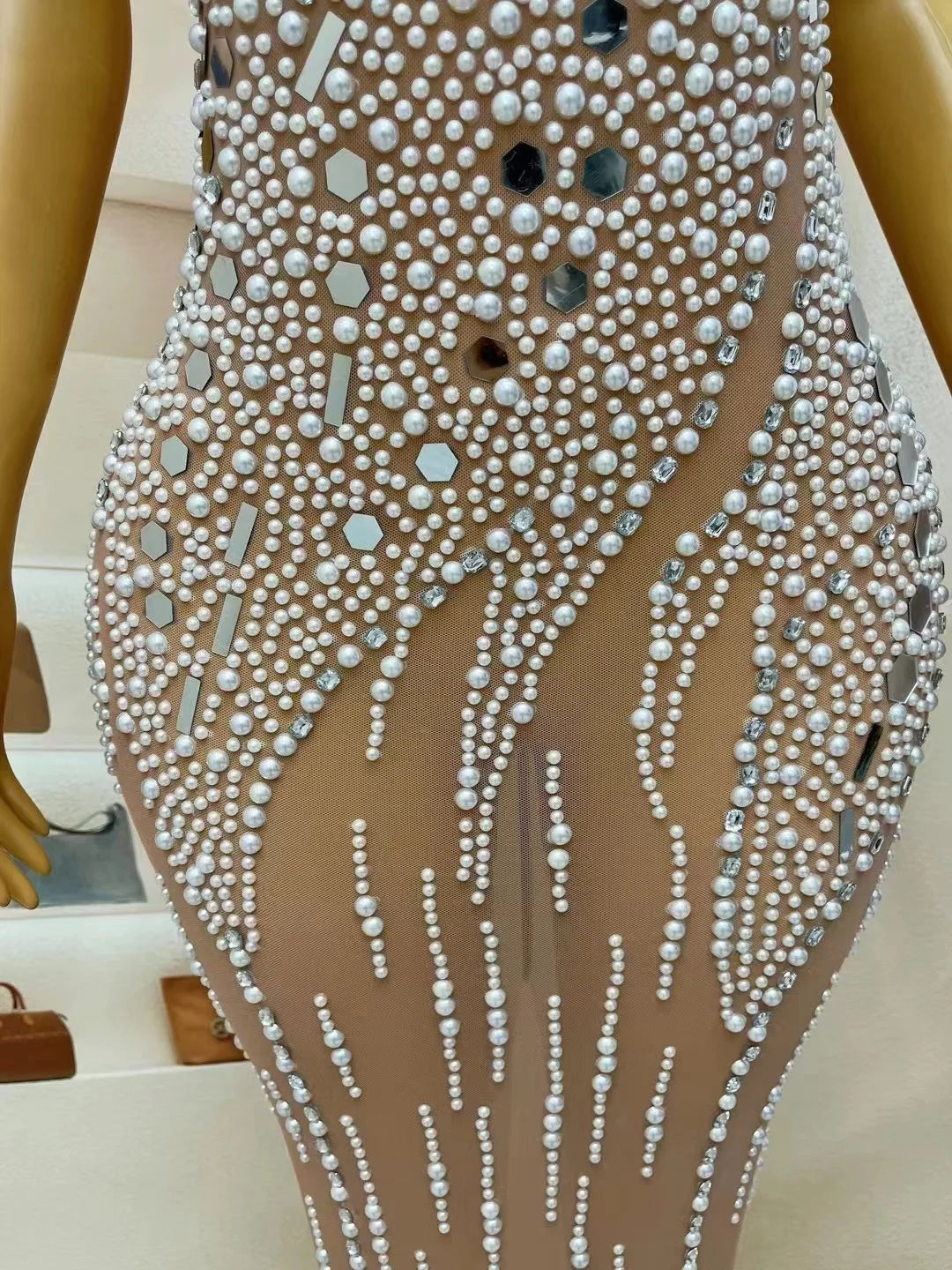 Amina Silver Mirror Rhinestone Pearl Prom Dress