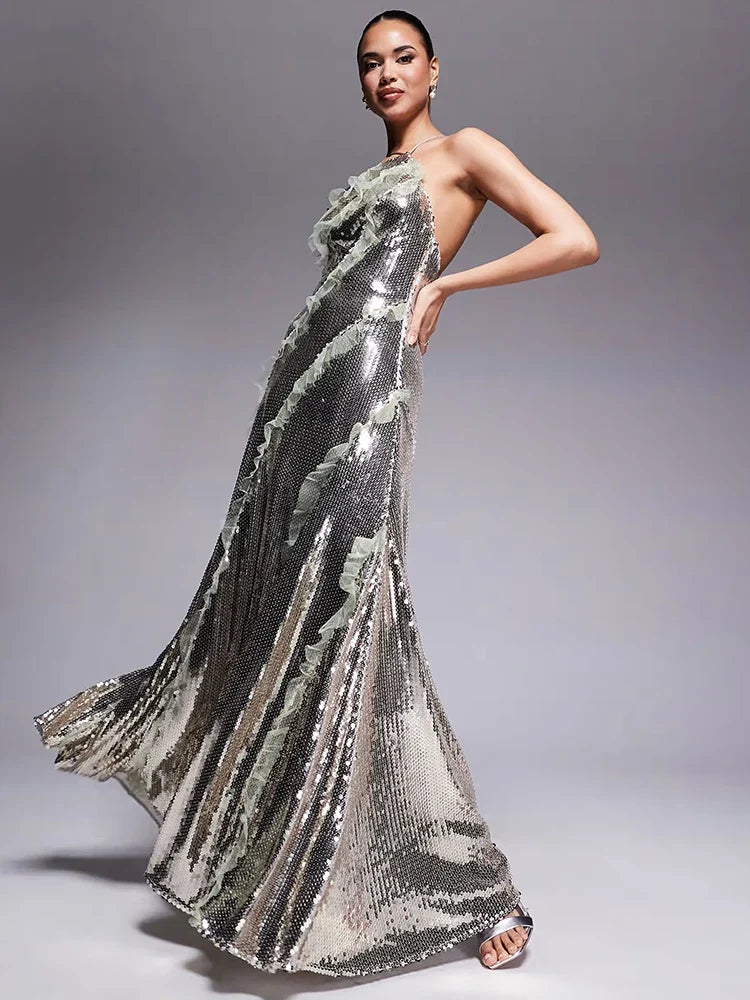 Arya Starry Silver Sequin Backless Dress with Ruffle Mesh Details