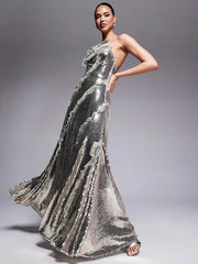 Arya Starry Silver Sequin Backless Dress with Ruffle Mesh Details