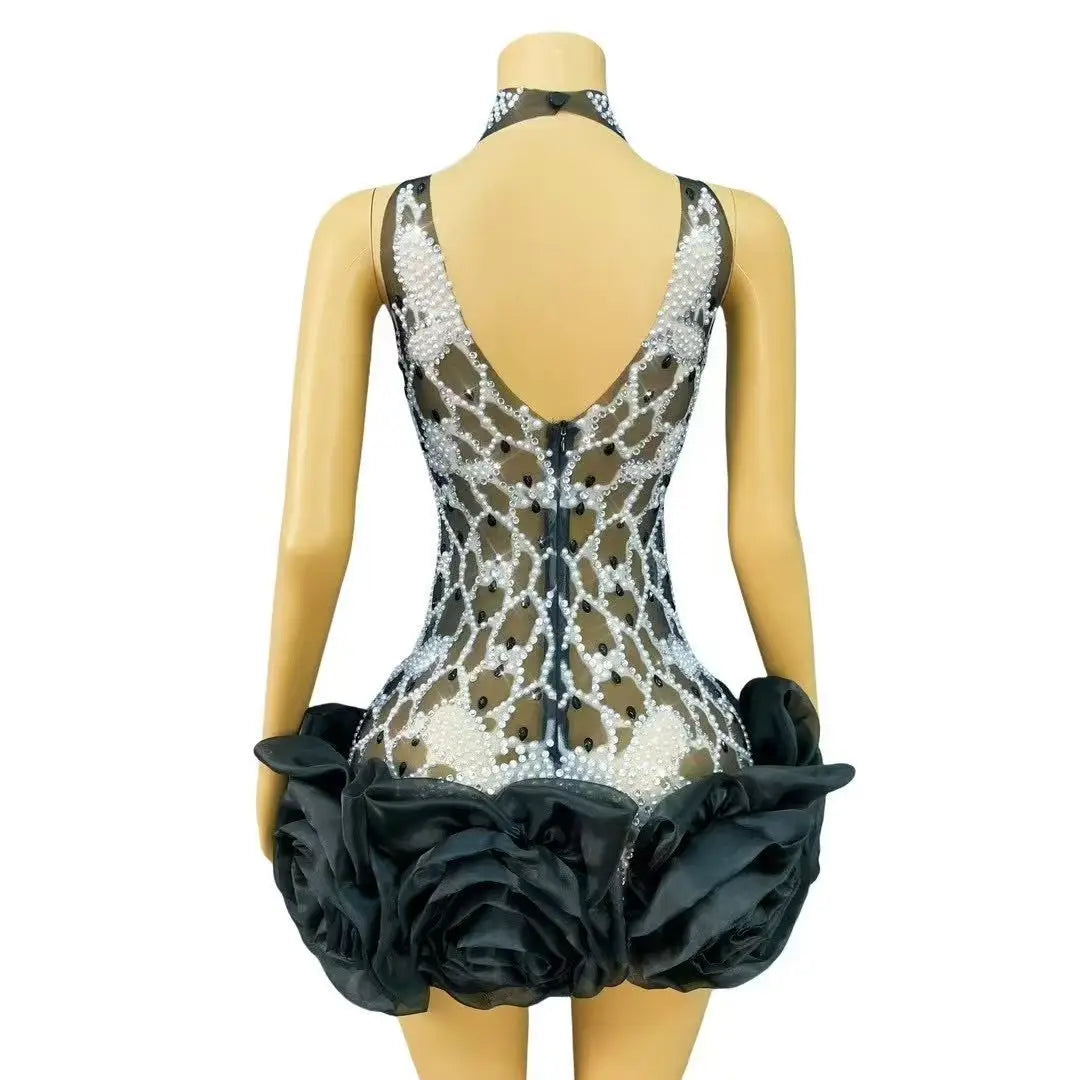 Cami Pearly Rhinestone Sexy Mesh See-Through Mini Birthday Dress
