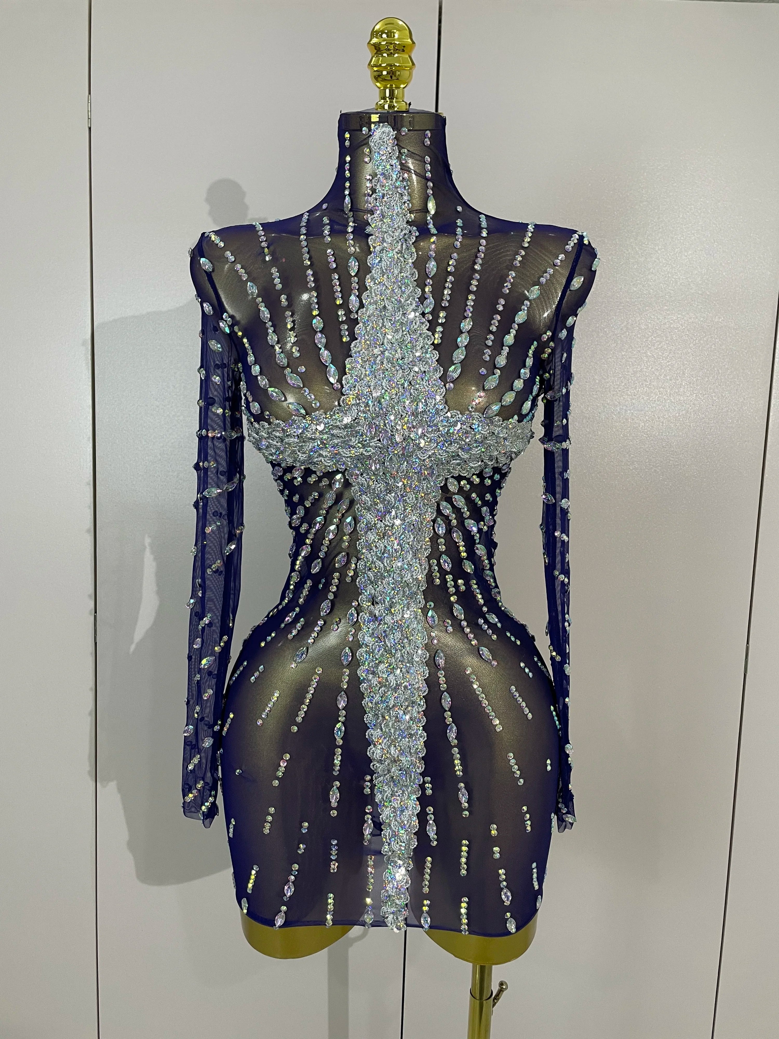 Ajay Sheer Mesh See-Through Sparkling Diamond Sequin Long Sleeve Mini Dress