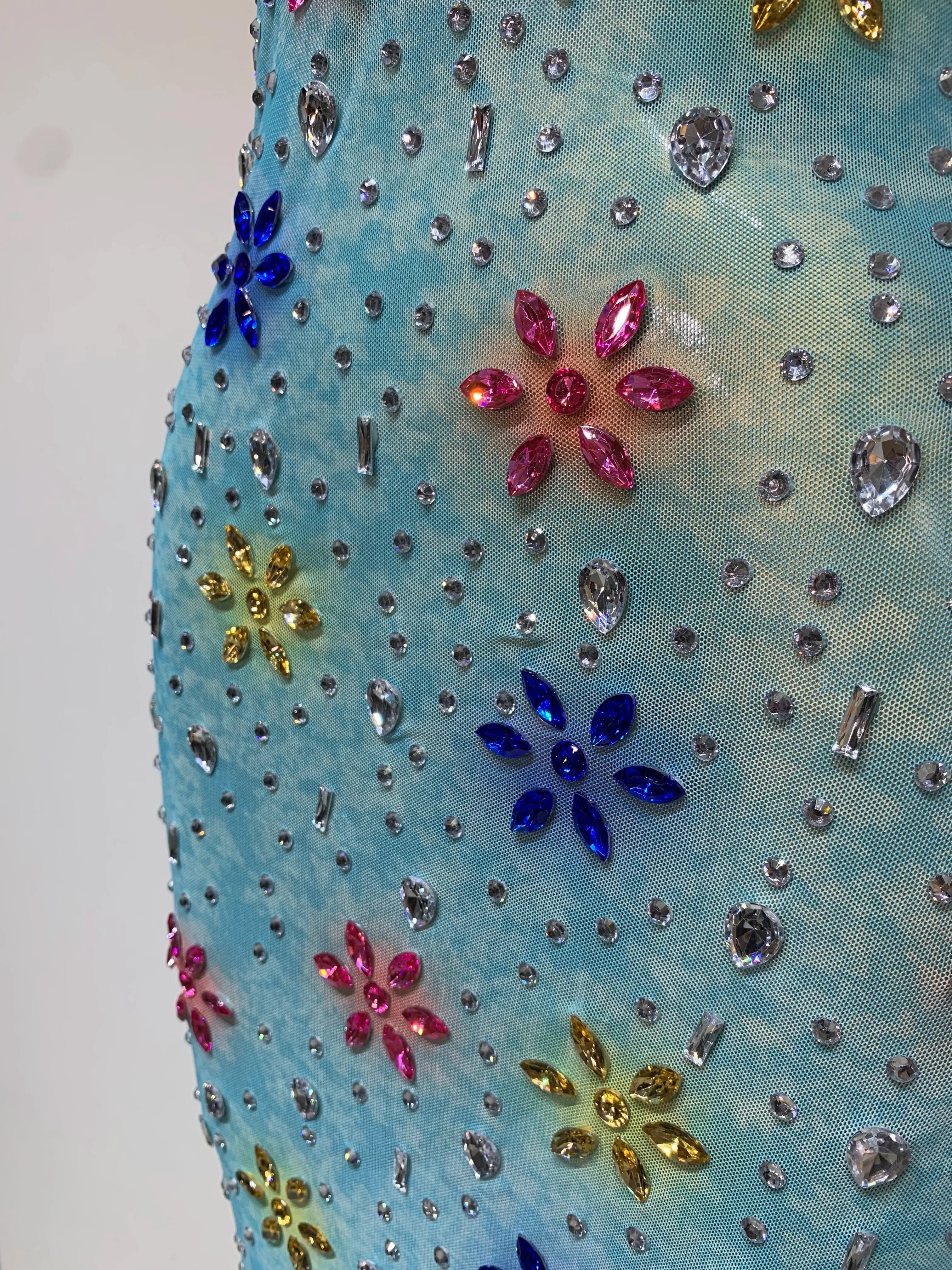 A'Riah Sexy Mesh High Split Sparkly Diamonds See Through Dress