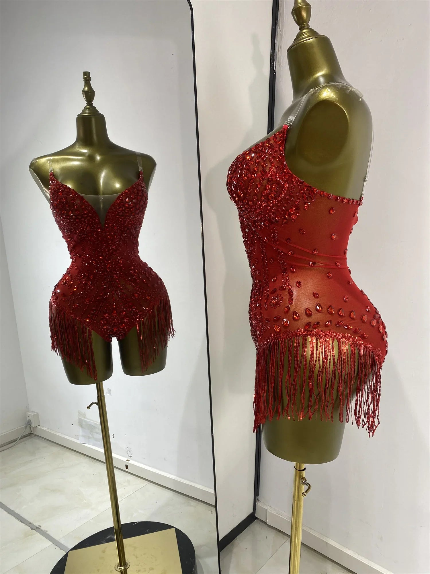 Bridgette Red Rhinestone Tassel Mesh Bodysuit for Women