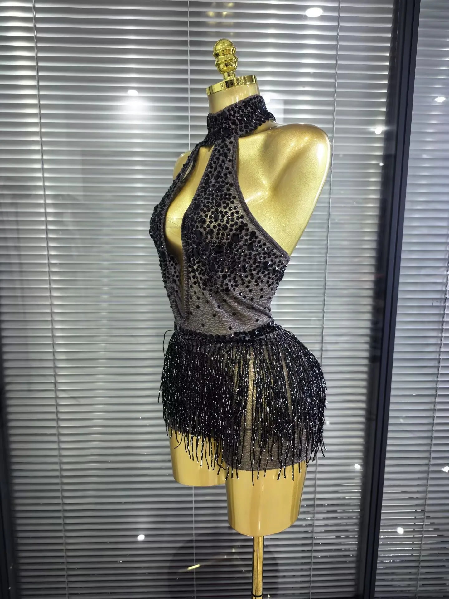 Denise Sexy Mesh See-Through Sequin Tassel Bodycon Bodysuit