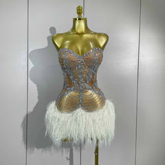 Corri Sparkly Diamonds Tassel Sexy Strapless Mesh Sheer Mini