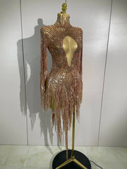 Aimee Sexy Sheer Mesh Long Sleeve Sparkly Rhinestone Sequin Tassel Dress